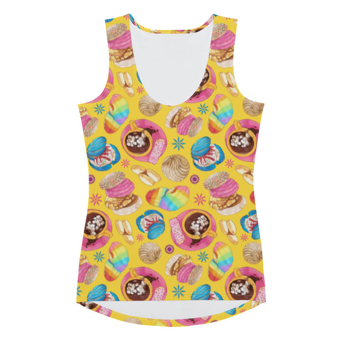 Pan Dulce kawaii tank top in yellow with rainbow-striped conchas and blue drizzled conchas