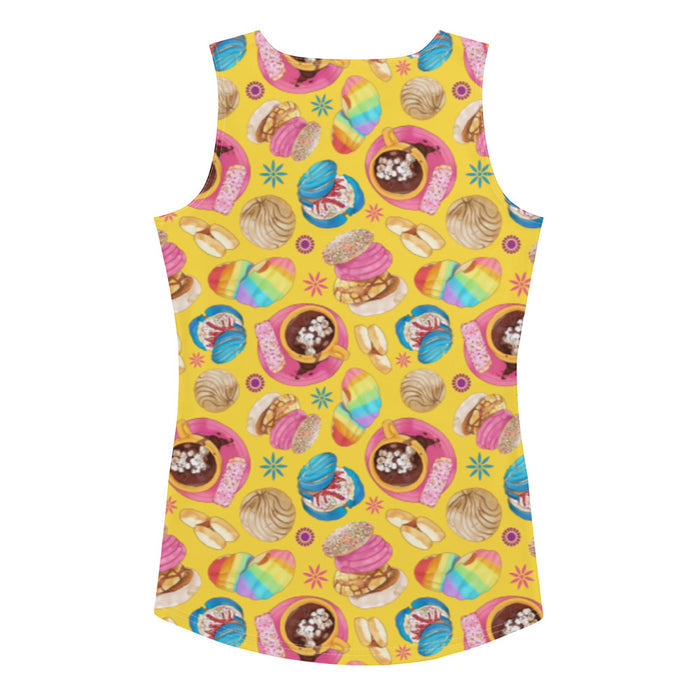 Pan Dulce kawaii tank top in yellow with pink conchas and marshmallow hot chocolate