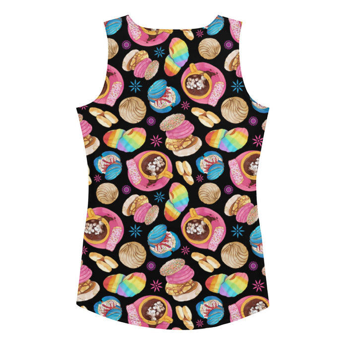 Pan Dulce kawaii tank top in yellow with blue drizzled conchas and polvorón cookies