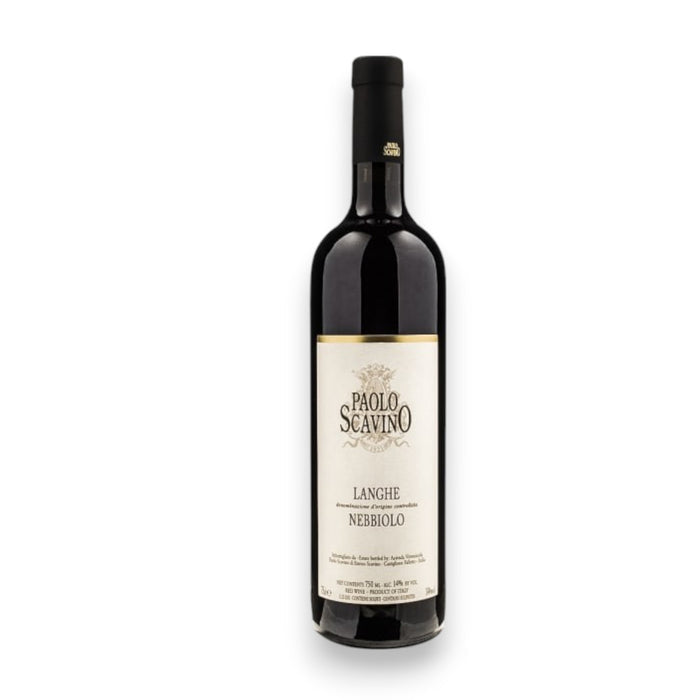 A 375ml bottle of PAOLO SCAVINO LANGHE NEBBIOLO 2023 by WINE: KELLOGG SELECTIONS, featuring a dark glass body, black cap, and white label with gold and black text. Ships to North Carolina.