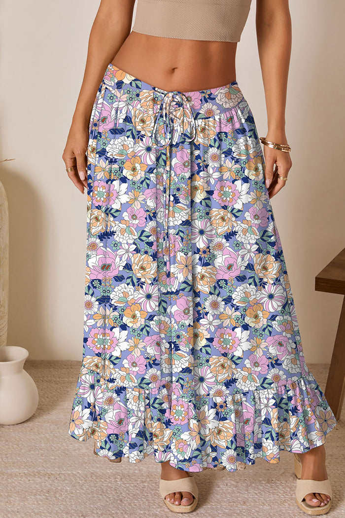 Pink Floral Print Lace-up High Waist Ruffle Hem Maxi Skirt 🇺🇸
