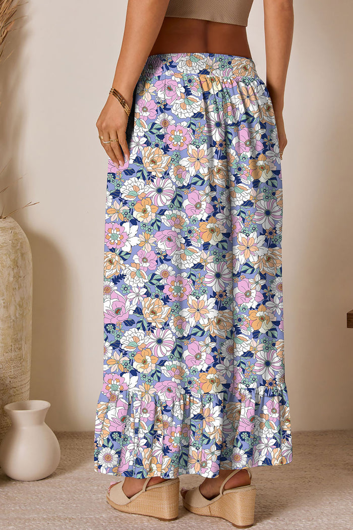 Pink Floral Print Lace-up High Waist Ruffle Hem Maxi Skirt 🇺🇸