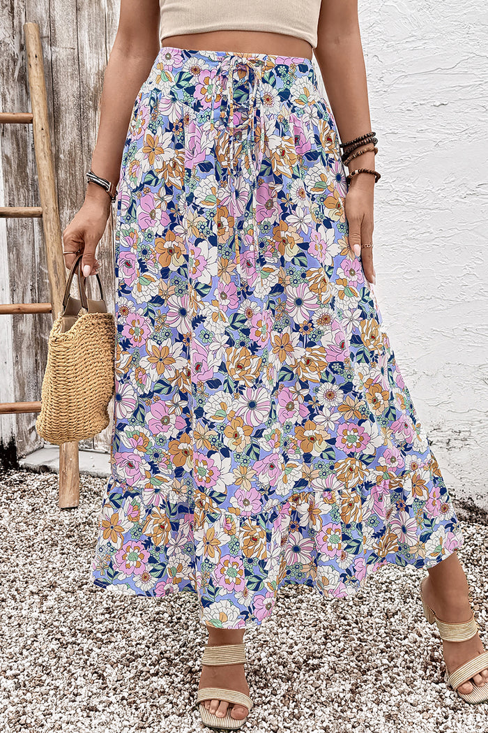 Pink Floral Print Lace-up High Waist Ruffle Hem Maxi Skirt 🇺🇸