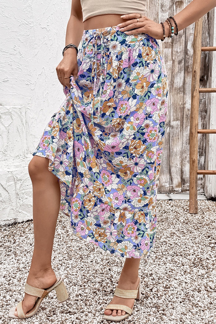 Pink Floral Print Lace-up High Waist Ruffle Hem Maxi Skirt 🇺🇸