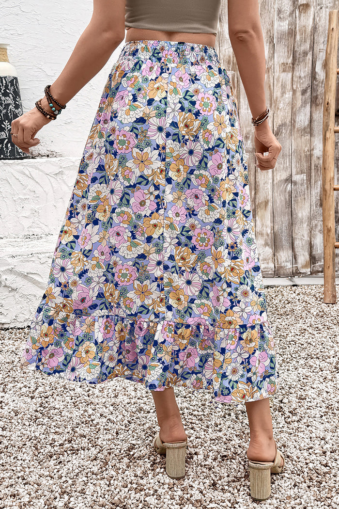 Pink Floral Print Lace-up High Waist Ruffle Hem Maxi Skirt 🇺🇸