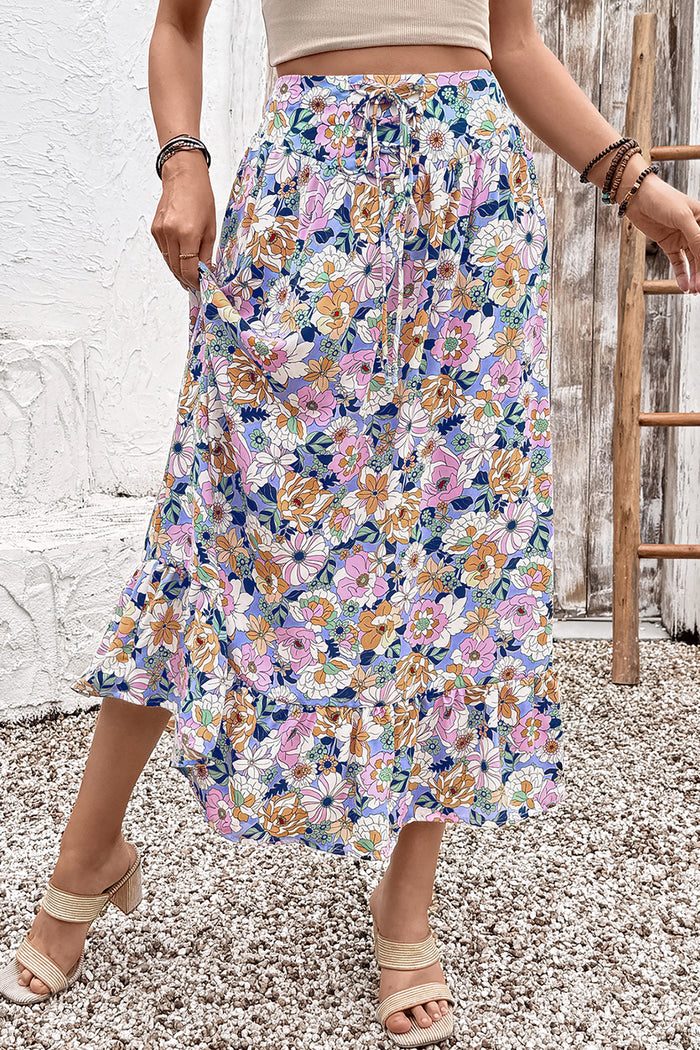 Pink Floral Print Lace-up High Waist Ruffle Hem Maxi Skirt 🇺🇸