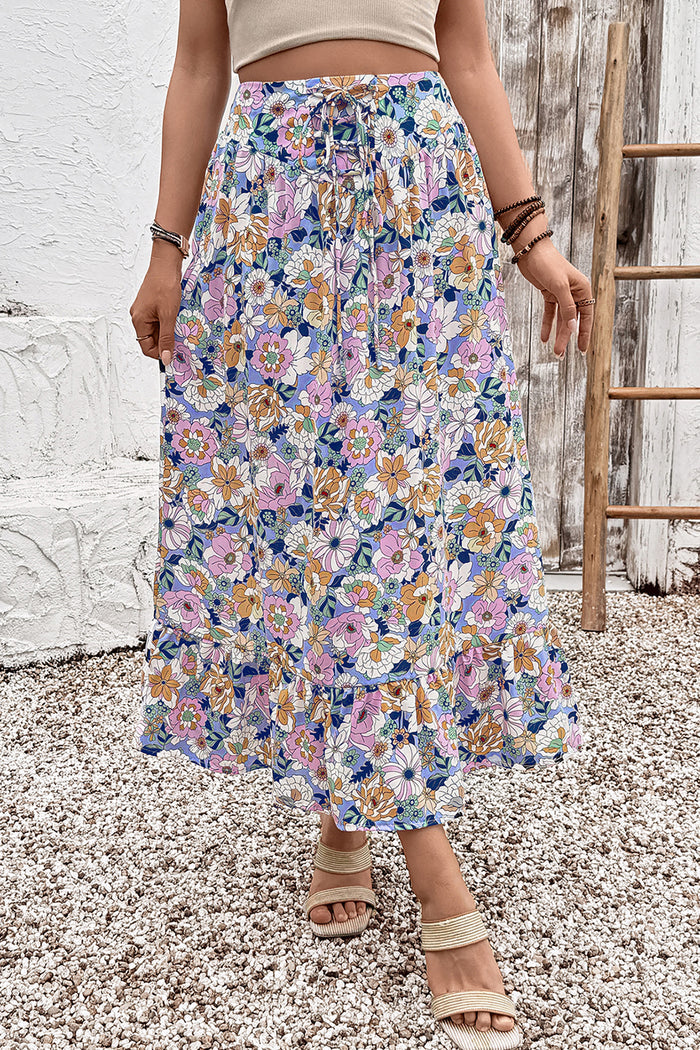 Pink Floral Print Lace-up High Waist Ruffle Hem Maxi Skirt 🇺🇸