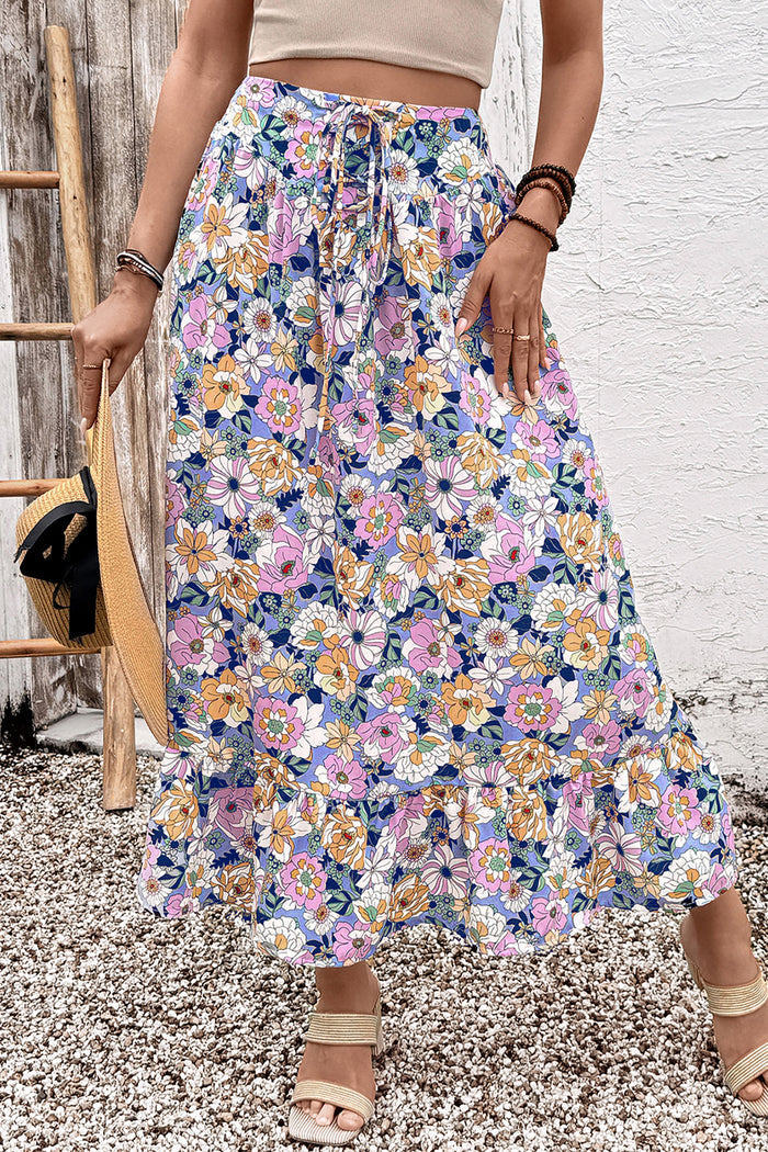 Pink Floral Print Lace-up High Waist Ruffle Hem Maxi Skirt 🇺🇸