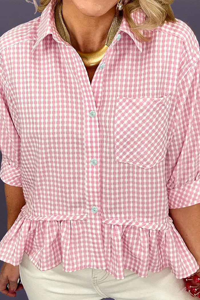 Pink Plaid Half Sleeve Ruffle Hem Button Down Shirt 🇺🇸