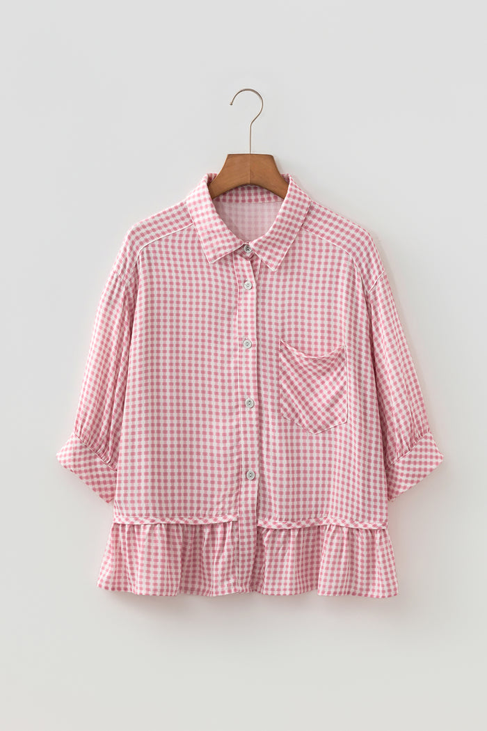 Pink Plaid Half Sleeve Ruffle Hem Button Down Shirt 🇺🇸