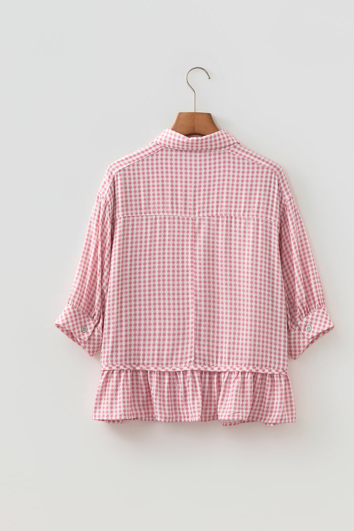 Pink Plaid Half Sleeve Ruffle Hem Button Down Shirt 🇺🇸