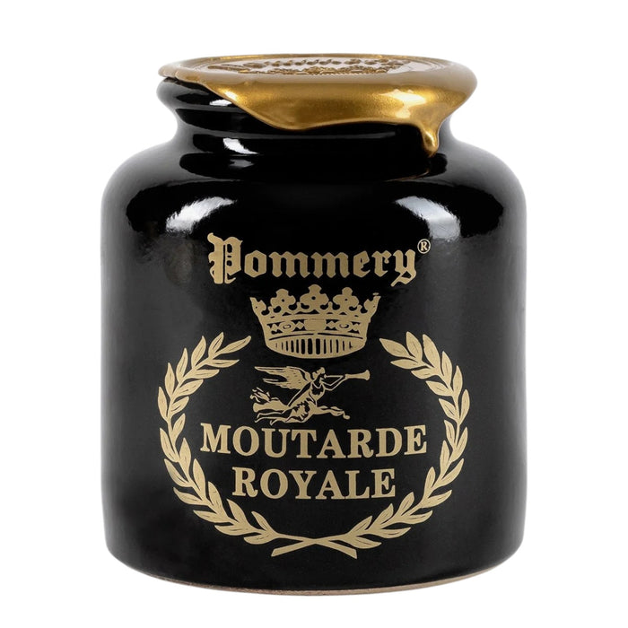 A black jar adorned with gold designs features the text “POMMERY FRENCH ROYAL MUSTARD WITH COGNAC.” Sealed with gold wax, the container showcases a crown and laurel graphic on the front. This elegant packaging holds authentic whole-grain mustard from Meaux by FRENCH FEAST.