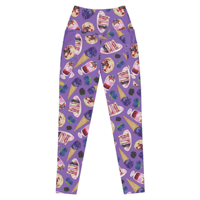 Berry kawaii premium leggings in violet with blueberry ice cream cones and plump blackberries