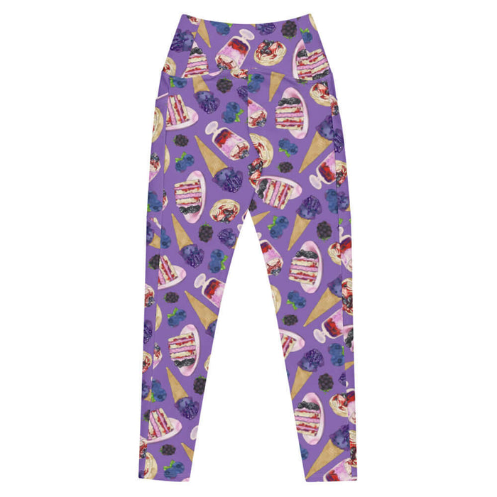 Berry kawaii premium leggings in violet with plump blackberries and leaf-tucked blueberries