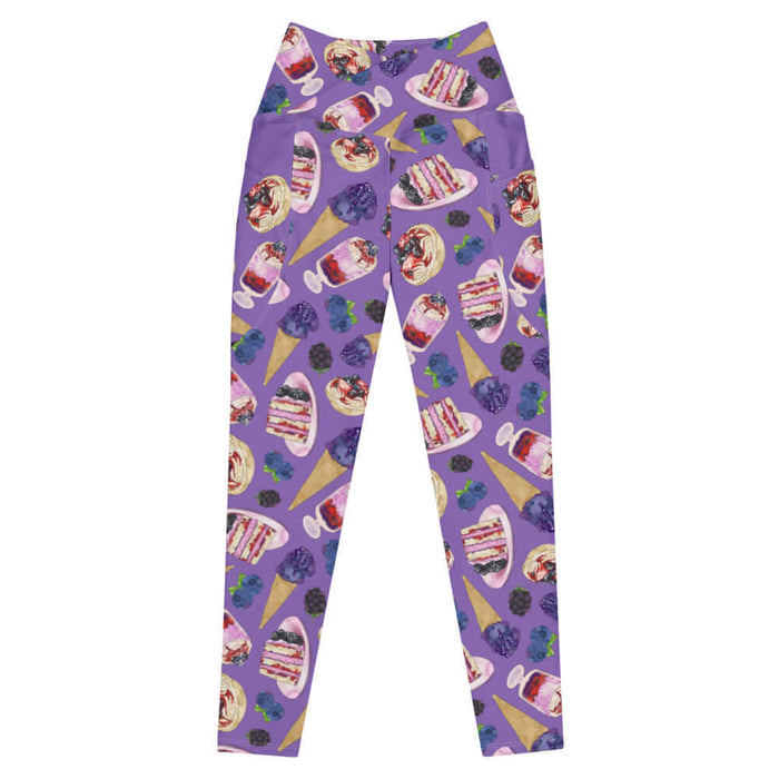 Berry kawaii premium leggings in violet with leaf-tucked blueberries and glossy jam tarts