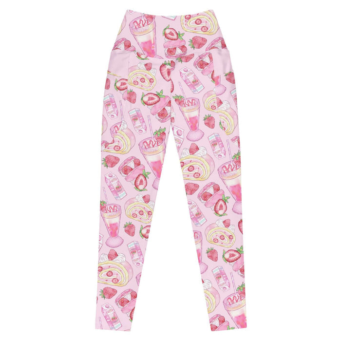Pink kawaii Premium Strawberry Leggings with strawberry milkshakes and macarons