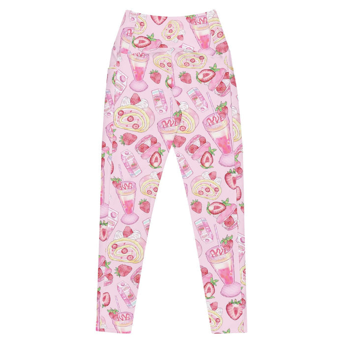 Pink kawaii Premium Strawberry Leggings with strawberry milkshakes and frosted roll cakes