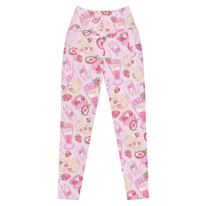 Pink kawaii Premium Strawberry Leggings with strawberry milkshakes and heart-cut berries