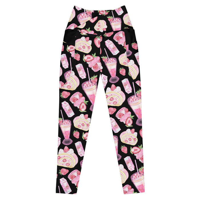 Pink kawaii Premium Strawberry Leggings with frosted roll cakes and heart-cut berries