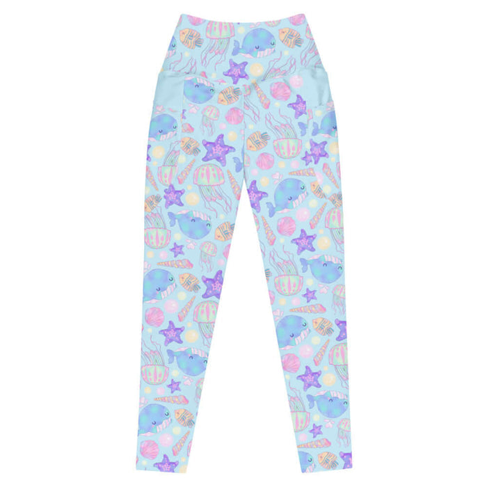 Under the Sea kawaii premium high-waisted leggings in blue with lavender starfish and pink jellyfish