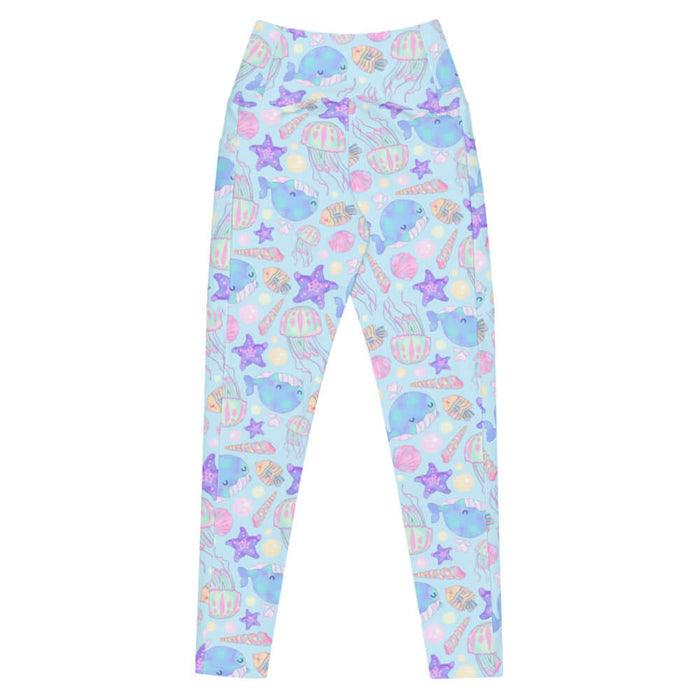 Under the Sea kawaii premium high-waisted leggings in blue with peach-striped tropical fish and blue narwhals