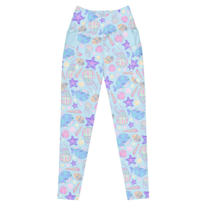 Under the Sea kawaii premium high-waisted leggings in blue with blue narwhals and purple starfish