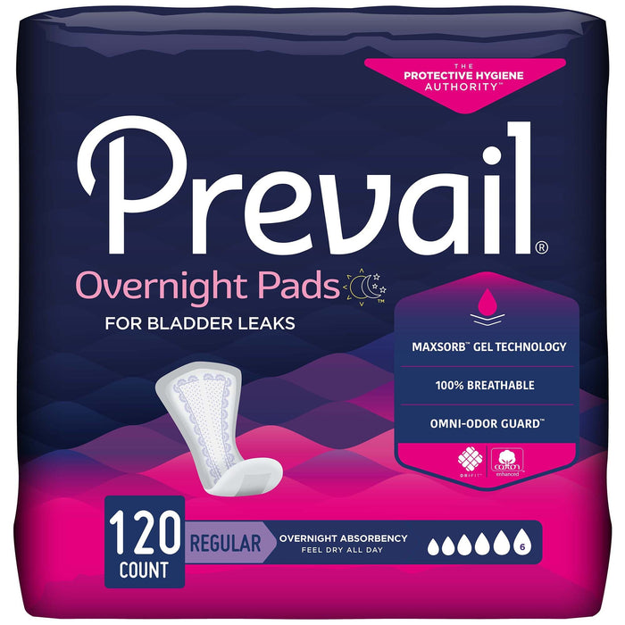 Prevail Women's Daily Bladder Control Pads, Overnight Absorbency - PVX120-Case - LL Medico