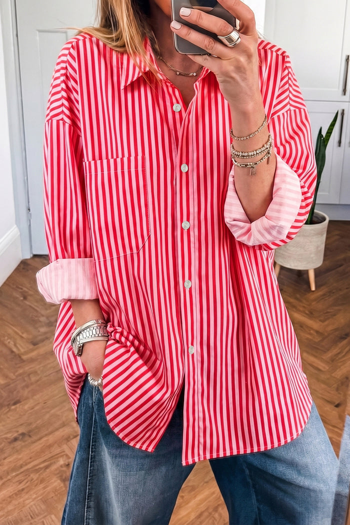 Red Stripe Button-Up Shirt Long Sleeve Patch Pocket Casual Shirt 🇺🇸