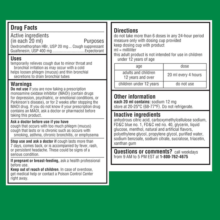 Robitussin Adult Cough + Chest Congestion DM, Maximum Strength, Rasberry Flavor - 00031875712 - LL Medico