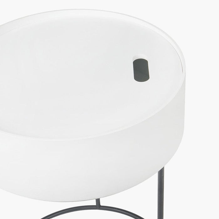 Rosolini White Wood Veneer & Black Metal Storage Side Table Furniture