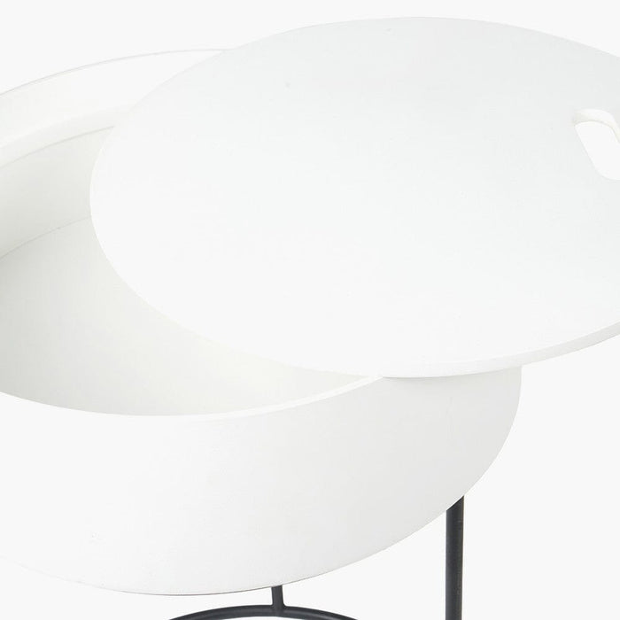 Rosolini White Wood Veneer & Black Metal Storage Side Table Furniture