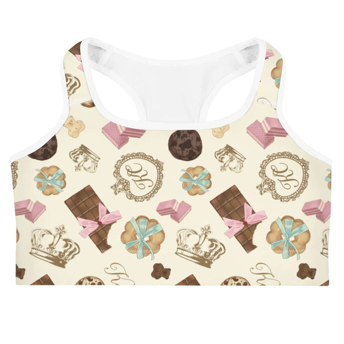 Royal Cookie kawaii sports bra in vanilla cream with vanilla bear cookies and gold crowns