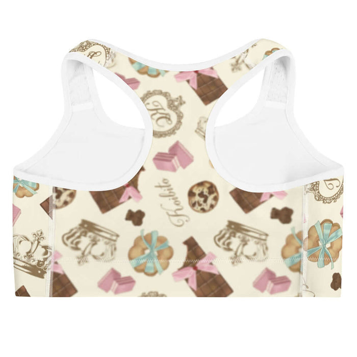 Royal Cookie kawaii sports bra in vanilla cream with milk-chocolate bars and pink satin bows