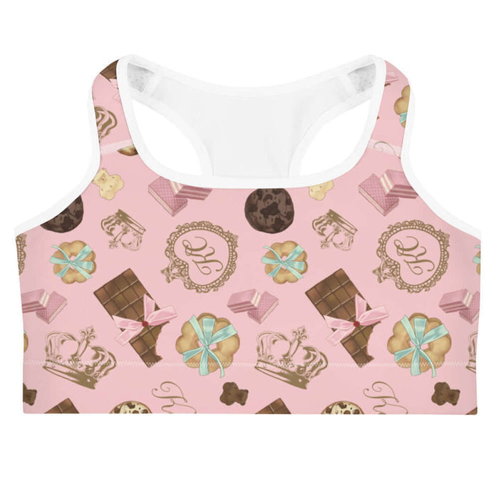 Royal Cookie kawaii sports bra in strawberry pink with ribbon-tied cookies and cocoa truffles