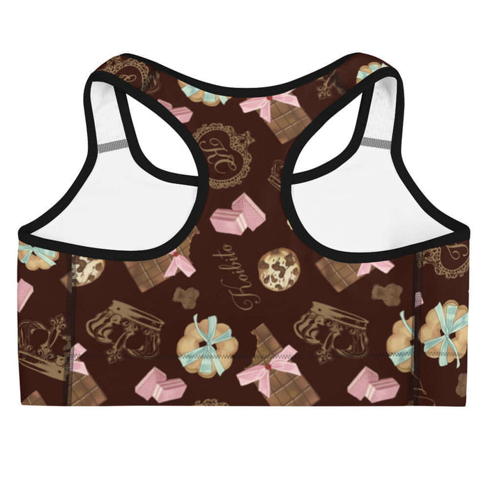 Royal Cookie kawaii sports bra in vanilla cream with gilded monogram crests and pink bows
