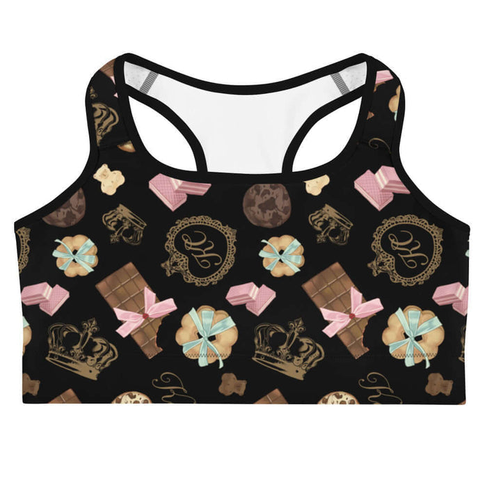 Royal Cookie kawaii sports bra in vanilla cream with chocolate-chip cookies and strawberry wafers
