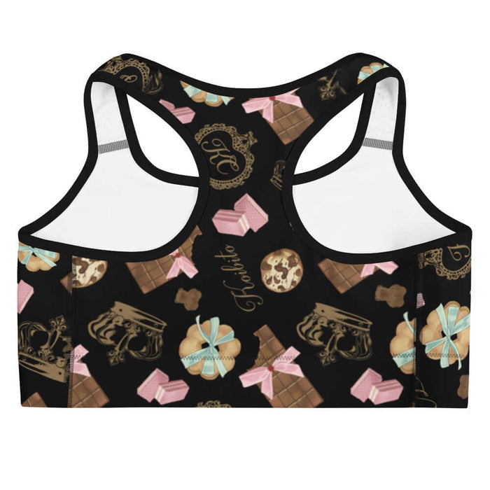 Royal Cookie kawaii sports bra in vanilla cream with gold crowns and milk-chocolate bars