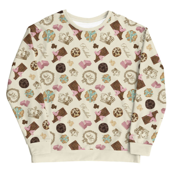 Royal Cookie kawaii sweatshirt in vanilla cream with gold crowns and milk-chocolate bars