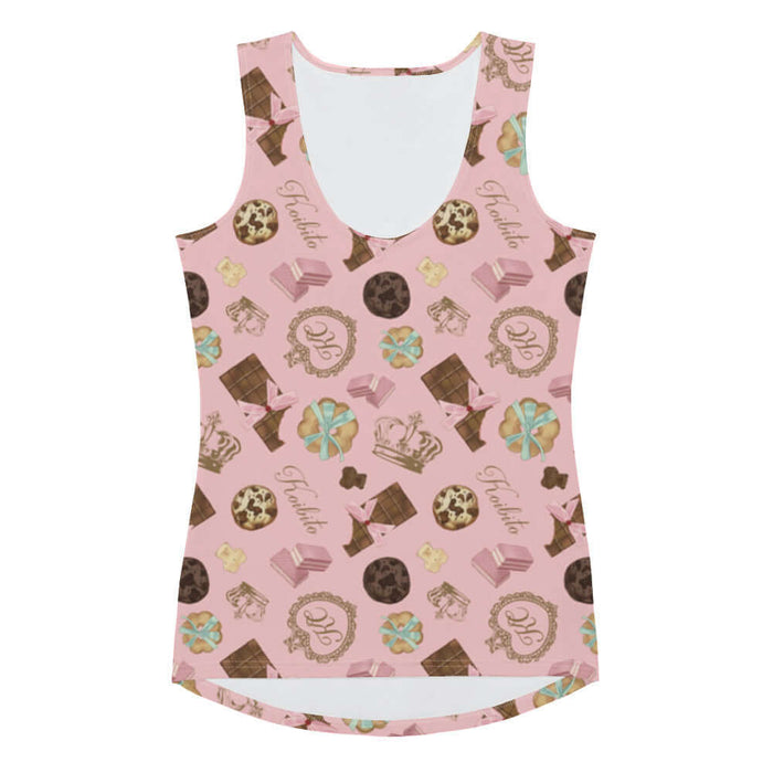 Royal Cookie kawaii tank top in strawberry pink with ribbon-tied cookies and cocoa truffles