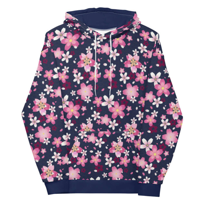 Sakura kawaii hoodie in pink with a single layered bloom and drifting petals