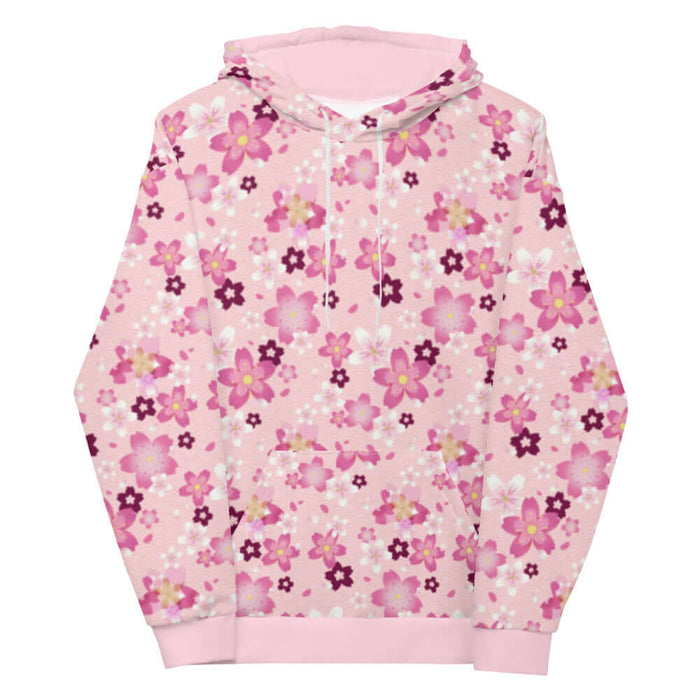 Sakura kawaii hoodie in pink with hot-pink cherry blossoms and gold seigaiha waves