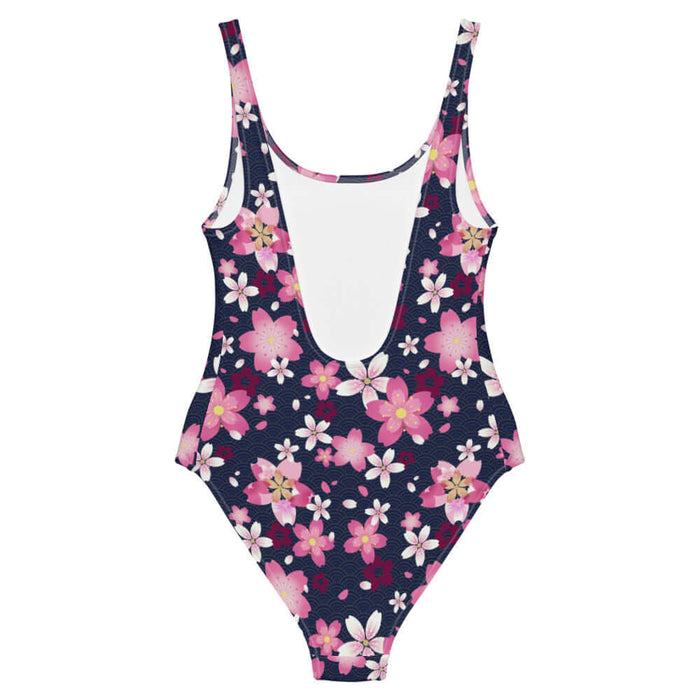 Sakura kawaii one-piece swimsuit in pink with bright pink sakura and white-centered wine blooms