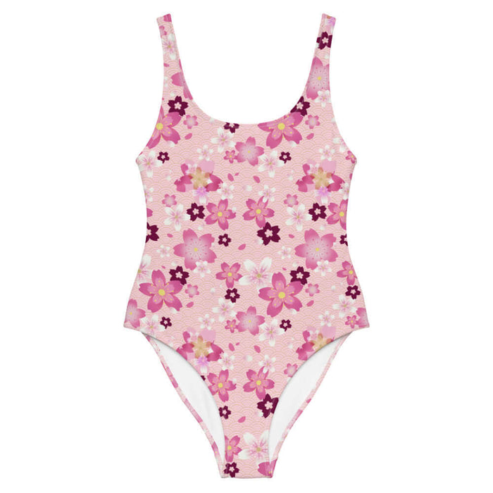 Sakura kawaii one-piece swimsuit in pink with pale pink blossoms and scattered petals