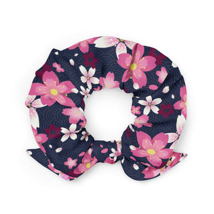 Sakura kawaii scrunchie in pink with bright pink sakura and white-centered wine blooms