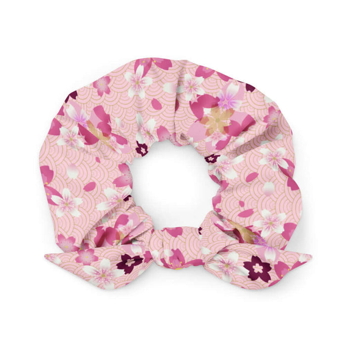 Sakura kawaii scrunchie in pink with pale pink blossoms and scattered petals
