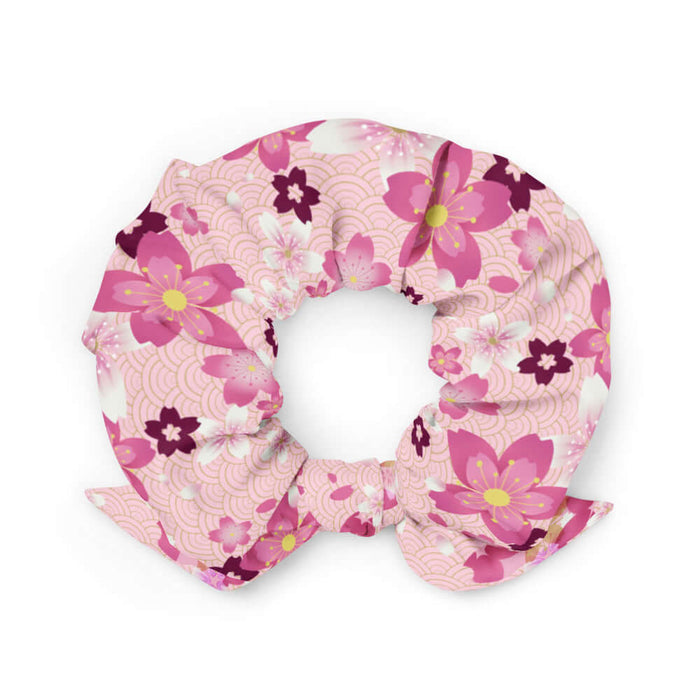 Sakura kawaii scrunchie in pink with golden-centered sakura and gold seigaiha waves
