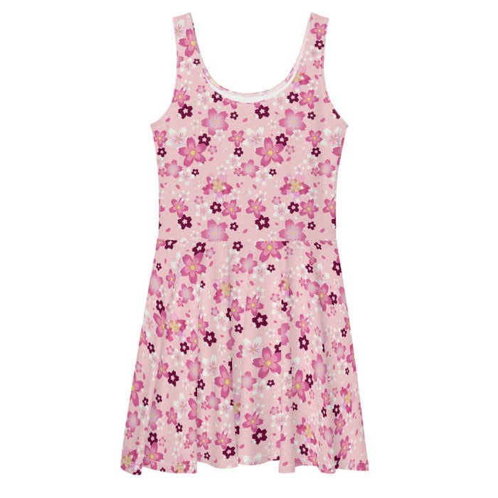 Sakura kawaii skater dress in pink with hot-pink cherry blossoms and gold seigaiha waves
