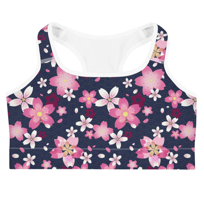 Sakura kawaii sports bra in pink with a single layered bloom and drifting petals