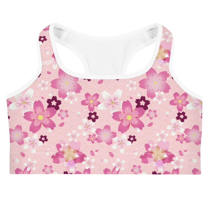 Sakura kawaii sports bra in pink with hot-pink cherry blossoms and gold seigaiha waves
