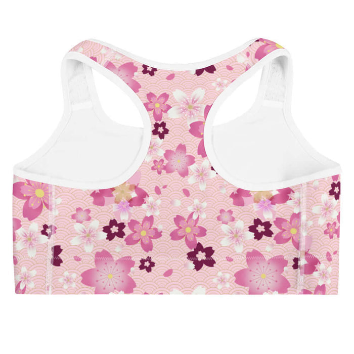 Sakura kawaii sports bra in pink with wine-dark blossoms and pale blossom clusters